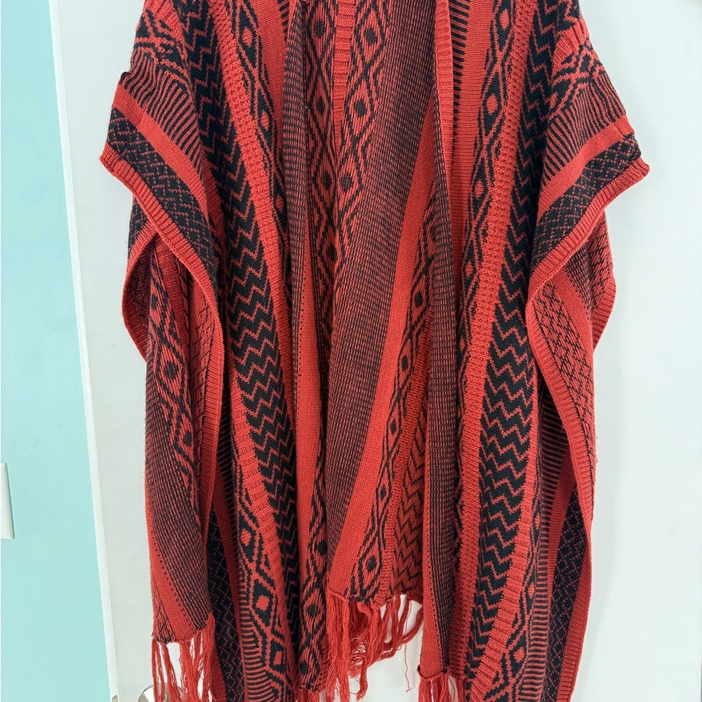 La Hearts Orange and Black Knit Poncho
